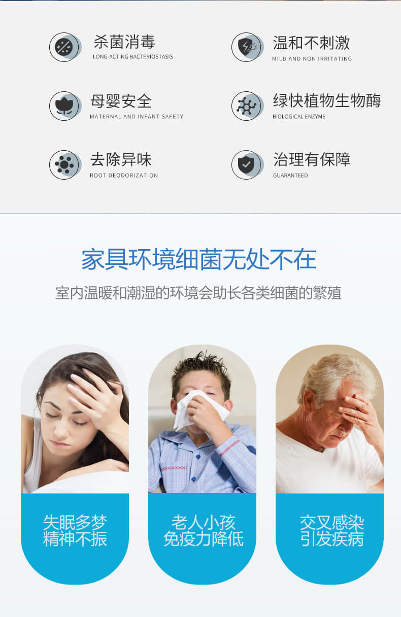 殺菌消毒，溫和不刺激，母嬰安全，綠快植物生物酶，祛除異味，治理有保障，家具環(huán)境細菌無處不在，室內(nèi)溫暖和潮濕的環(huán)境會助長各類細菌的繁殖，失眠多夢，精神不振，老人小孩免疫力降低，交叉感染，引發(fā)疾病